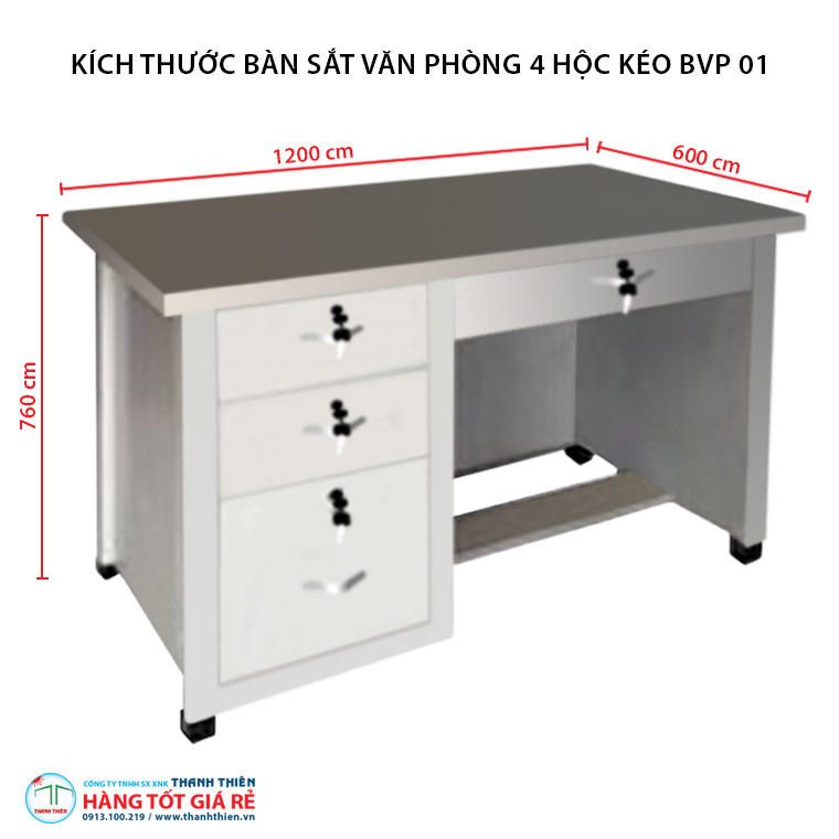 Kích thước bàn sắt văn phòng 4 hộc kéo BVP 01