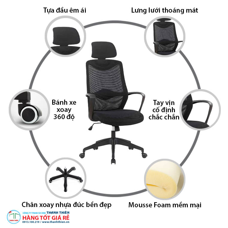 Cấu trúc ghế lưới xoay văn phòng GVP 1222